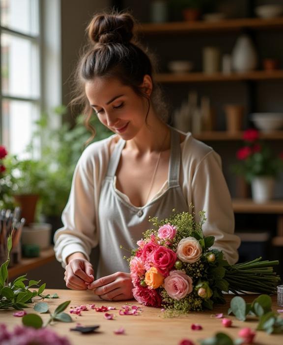 La fondatrice di Contrasto Floreale mentre crea con passione un bouquet.