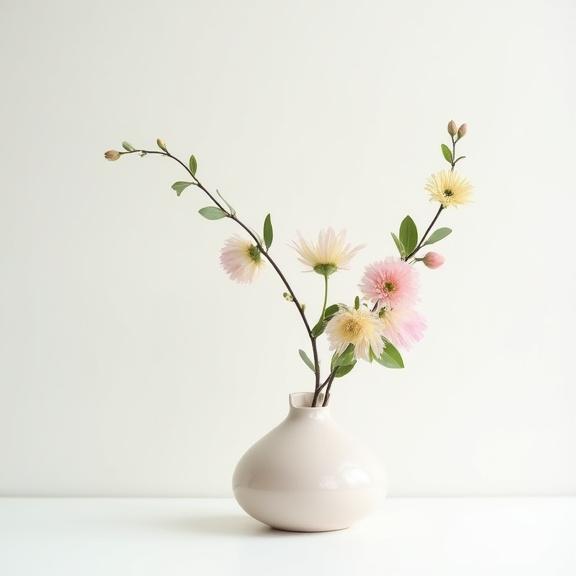 Composizione floreale minimalista in stile Ikebana moderno.