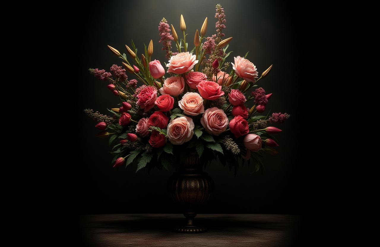 Una drammatica e artistica composizione floreale che rappresenta lo stile di Contrasto Floreale.